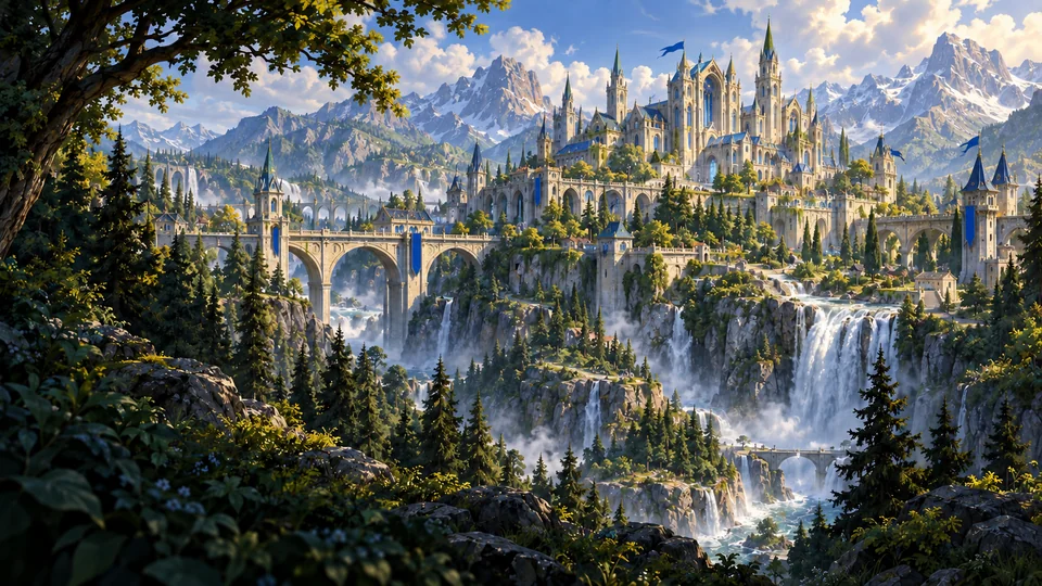 A city in green mountains, with blue-roofed towers and waterfalls.
