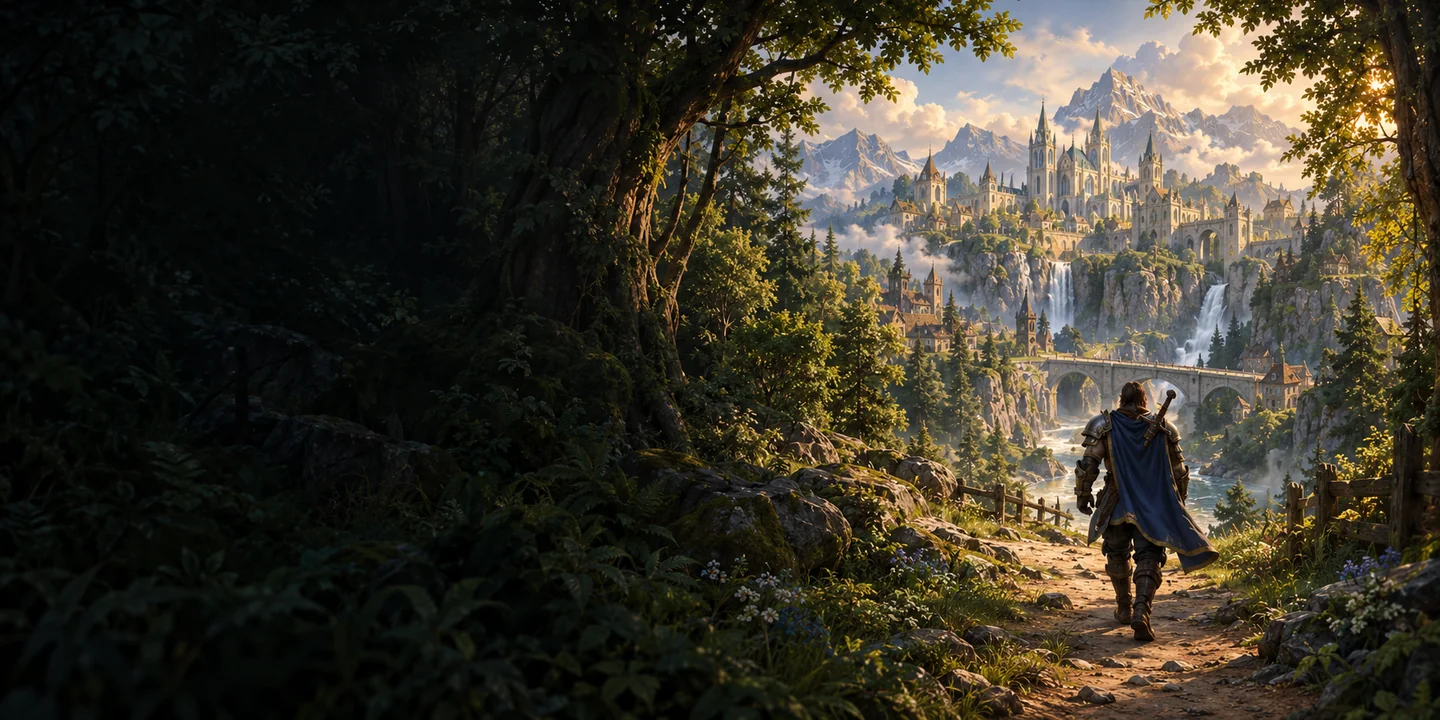 An adventurer follows a woodland road toward a sunlit stone city.