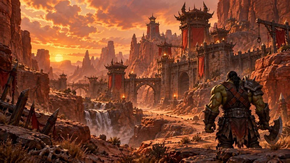 An orc warrior facing a stronghold in a canyon at sunset.