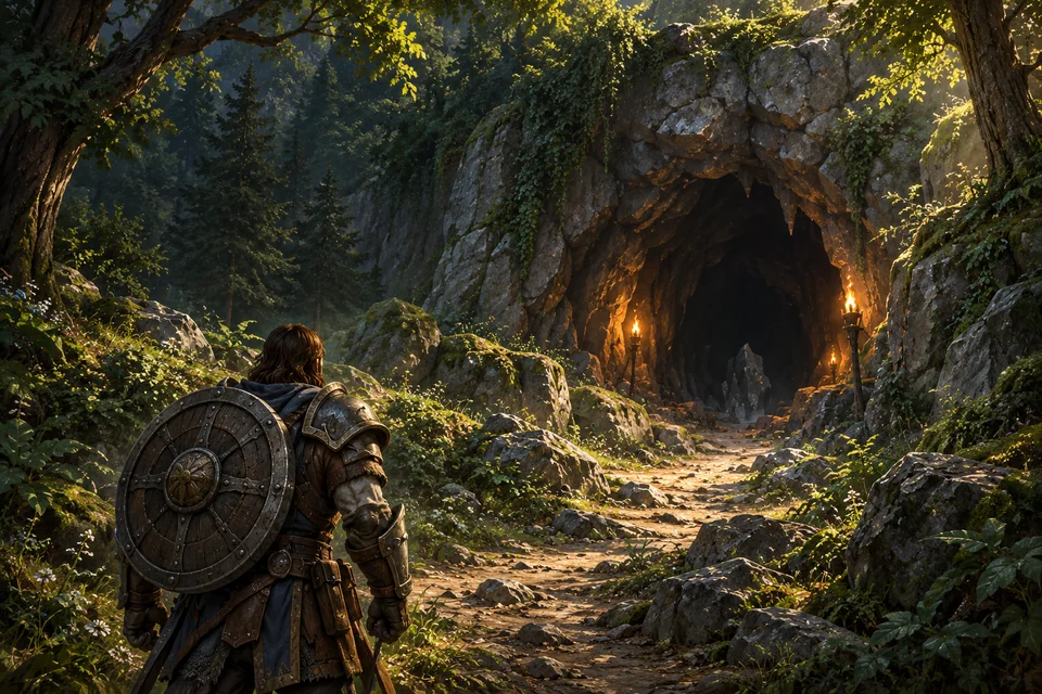 An adventurer approaches a torchlit cave among the trees.