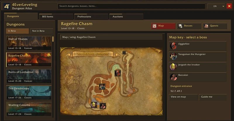 4Ever Leveling Atlas showing Ragefire Chasm, boss locations and entrance controls.