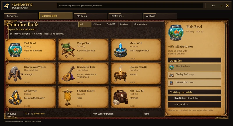 Local preview of the Campfire Buffs catalog with camp cards and an information panel.