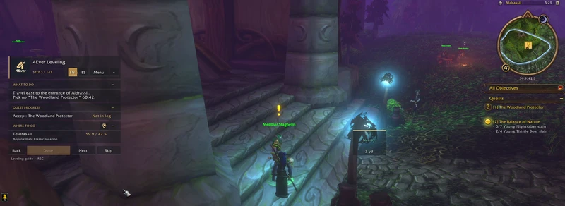 4Ever Leveling guide beside a character in Teldrassil, showing the objective, progress and destination.